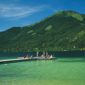 Badeferie, Erlaufsee i nærheten av Mariazell, Niederösterreich, Steiermark, Østerrike